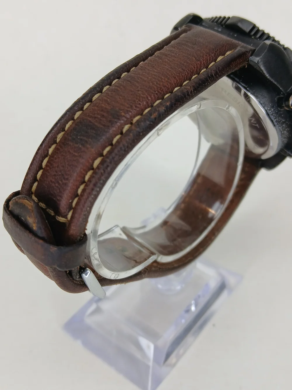 ​Vintage Mens Dual Display Quartz Alarm Chrono Watch Tachymeter Bezel Brown Band